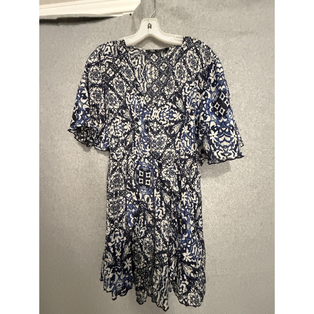 Zara Dress Womens Small Blue Floral Fit Flare V Neck Flutter Sleeve‎ Boho Mini